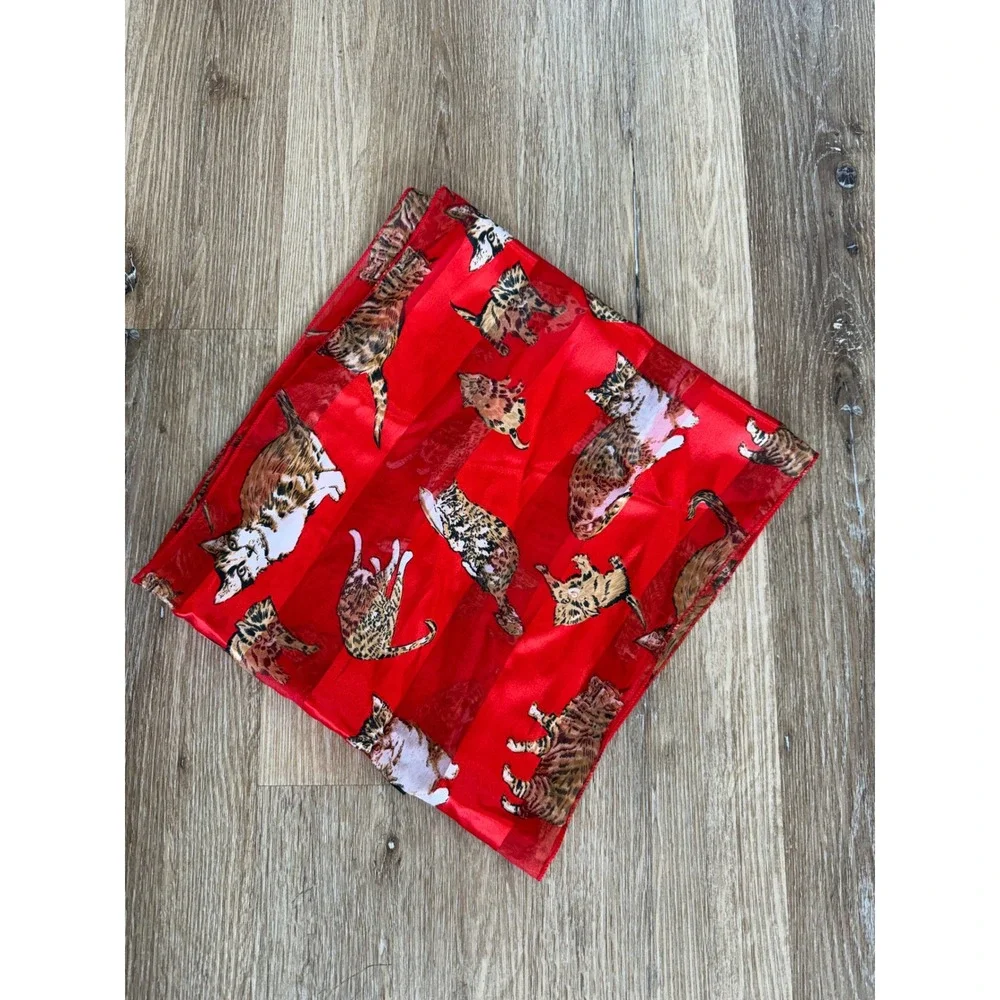Whimsygoth Kitsch Cat Print Scarf 13x58 Red Sheer Striped Novelty Eclectic